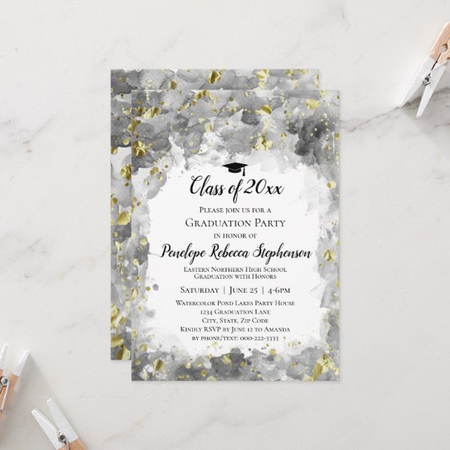 Grey Watercolor Gold Splatter Graduation Party Invitation (Front/Back In Situ)
