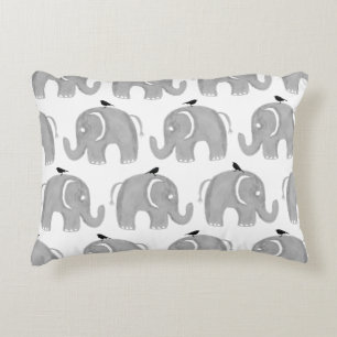 Grey watercolor hand painted elephant black birds decorative cushion