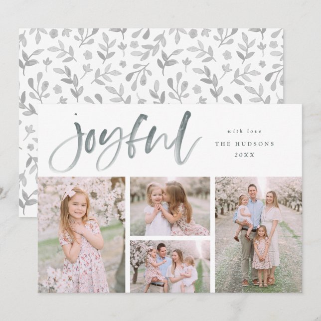 Grey Watercolor Joyful Christmas Modern Collage Holiday Card (Front/Back)