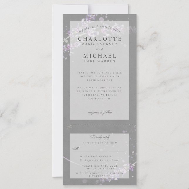Grey watercolor lavender wedding invite w rsvp (Front)