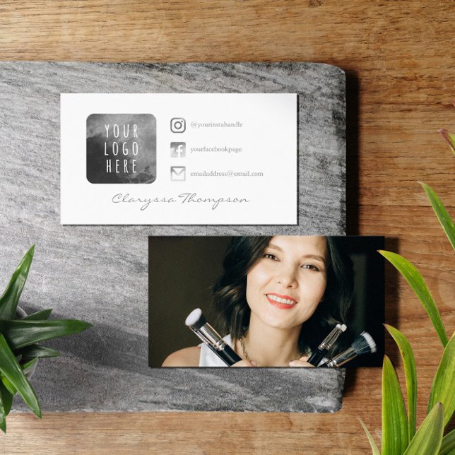 Grey Watercolor Logo & Photo Social Media Business Card (Creator Uploaded)