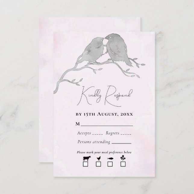 Grey Watercolor Lovebirds On Branch Pale Pink RSVP Card (Front/Back)