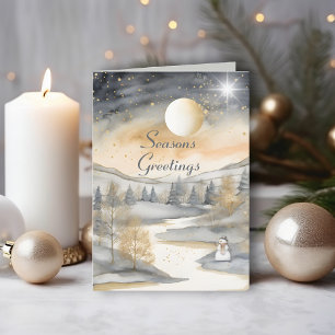 Grey Watercolor Mountain River Snowman Christmas Card