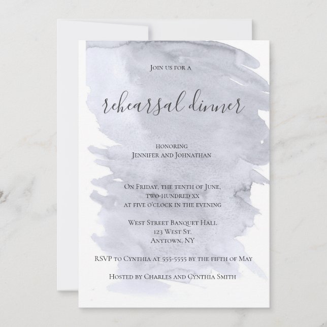 Grey watercolor rehearsal dinner invitations (Front)