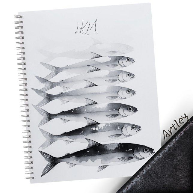 Grey Watercolor Sardine Art Custom Monogram Name  Notebook (Creator Uploaded)