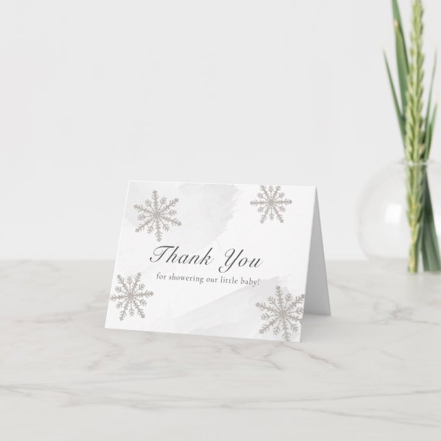 Grey Watercolor Silver Snowflakes Baby Shower Thank You Card (Front)