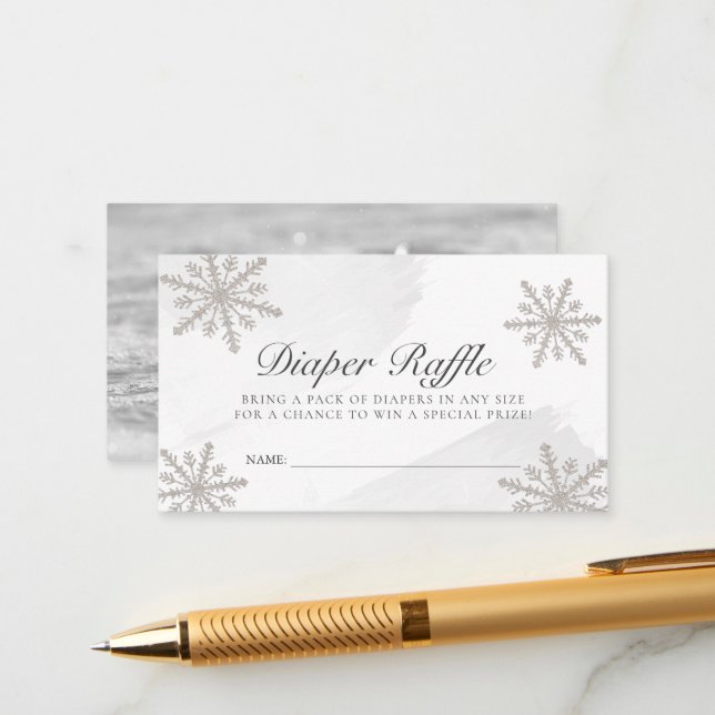 Grey Watercolor Snowflakes Diaper Raffle Ticket Enclosure Card (Front/Back In Situ)