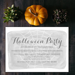 Grey Watercolor Spider Web Halloween Party Invite