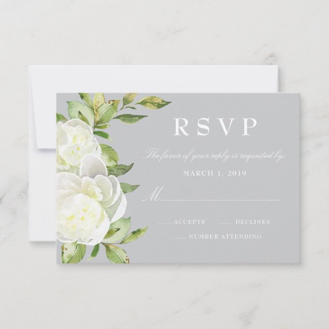 Grey Watercolor Spring Floral Peony Wedding RSVP Card (Front)