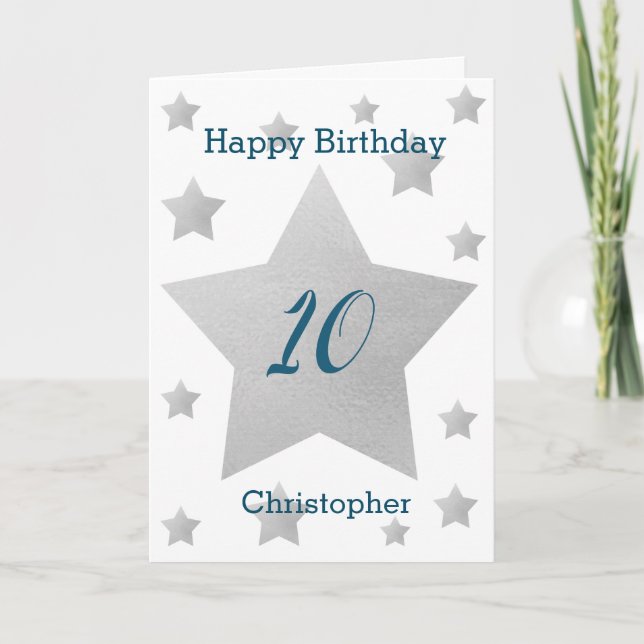 Grey Watercolor Stars 10th Birthday Card (Front)