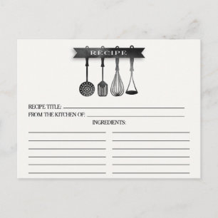 Grey Watercolor Utensils Bridal Shower Recipe Card
