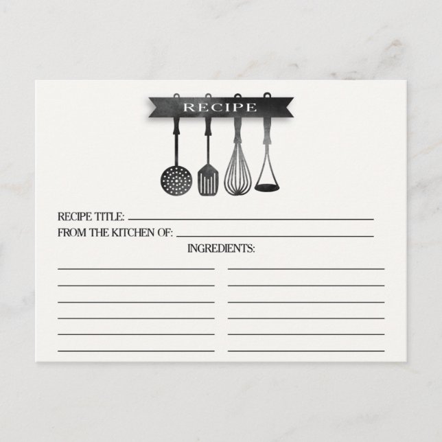 Grey Watercolor Utensils Bridal Shower Recipe Card (Front)