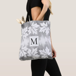 Grey watercolor wash maple leaves and monogram tote bag