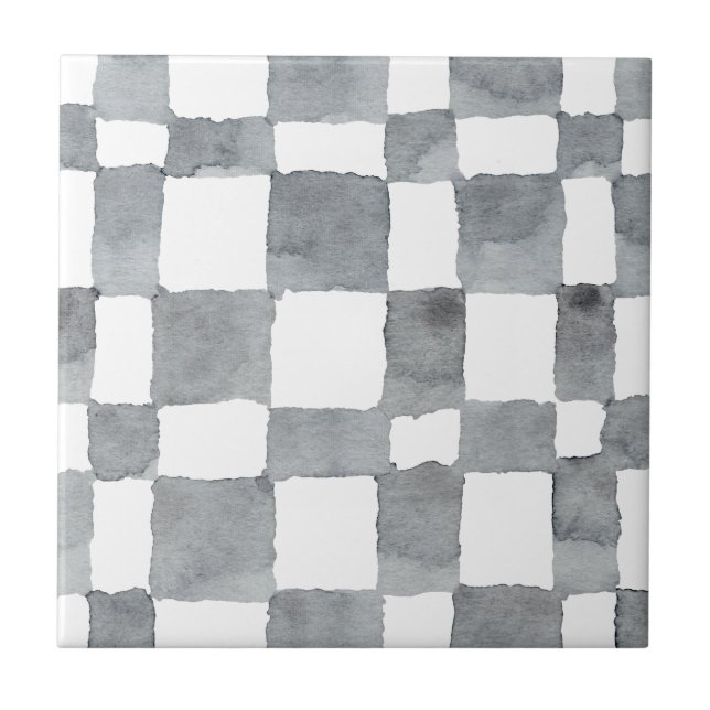 Grey Watercolour Checks Ceramic Tile (Front)