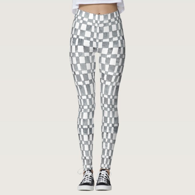 Grey Watercolour Checks Leggings (Front)