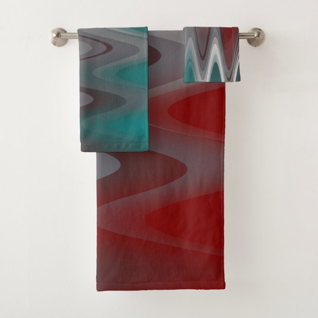 Grey waves on burgundy teal bath towel set (Insitu)