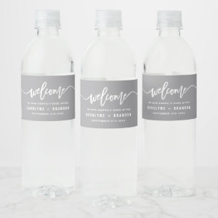 Grey Welcome Lettering Custom Wedding Water Bottle Label