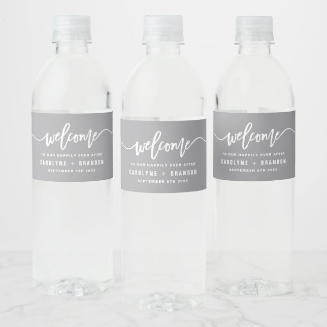 Grey Welcome Lettering Custom Wedding Water Bottle Label (Bottles)