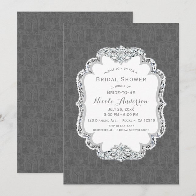 Grey Western Boots & Vest Glam Bridal Shower Invitation (Front/Back)