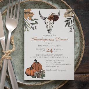 Grey Western Thanksgiving Cow Skull Fall Harvest Invitation