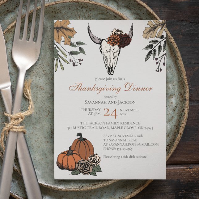 Grey Western Thanksgiving Cow Skull Fall Harvest Invitation (Western Thanksgiving Dinner Invite. Hand-Drawn Cow Skull, Pumpkins, Roses, Autumn Leaves & Berries.)