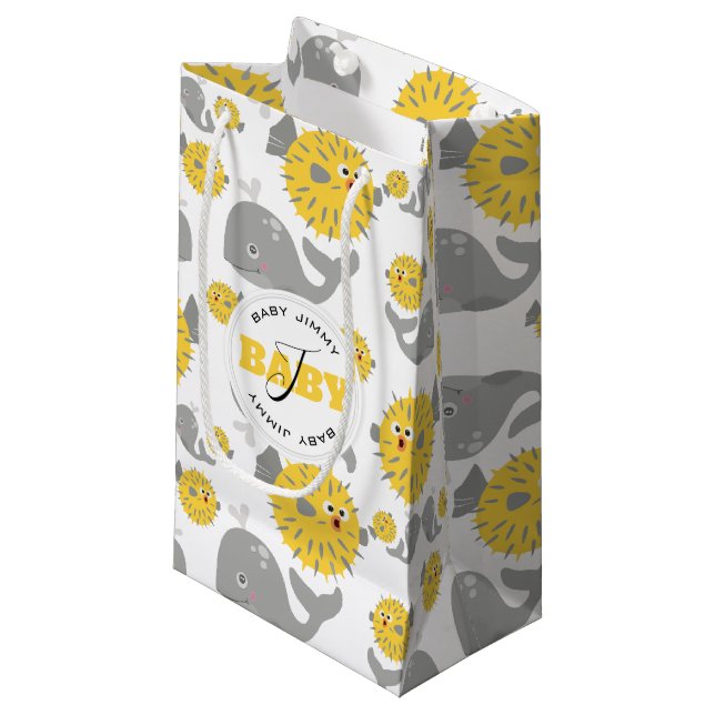 Grey Whale & Blowfish Cartoon Baby Monogram Small Gift Bag (Front Angled)