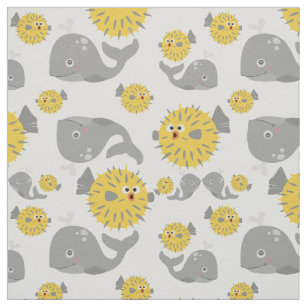 Grey Whale & Blowfish Cartoon Baby Pattern Fabric