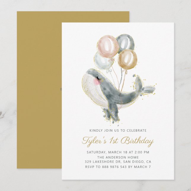 Grey Whale Gold Glitter First Birthday Party Invitation (Front/Back)
