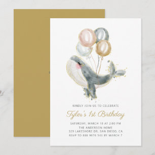 Grey Whale Gold Glitter First Birthday Party Invitation