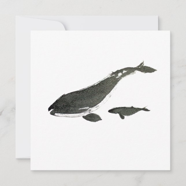 Grey whale mum and baby sumie ink painting holiday card (Front)