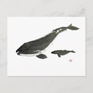 Grey whale mum and baby sumie ink painting postcard