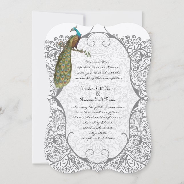 Grey Whimsical  Peacock Love Bird Pattern Wedding Invitation (Front)