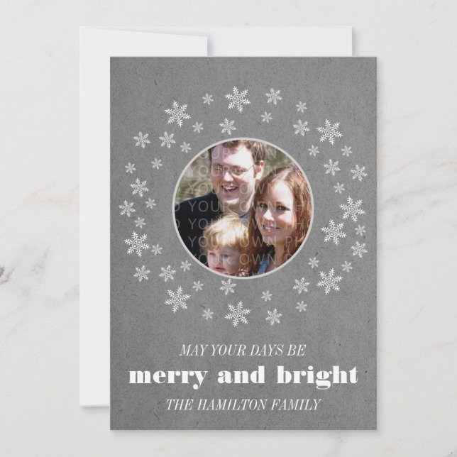 Grey Whimsical Snowflakes Photo Flat Card (Front)