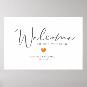 Grey Whimsical Welcome Wedding Orange Heart Poster