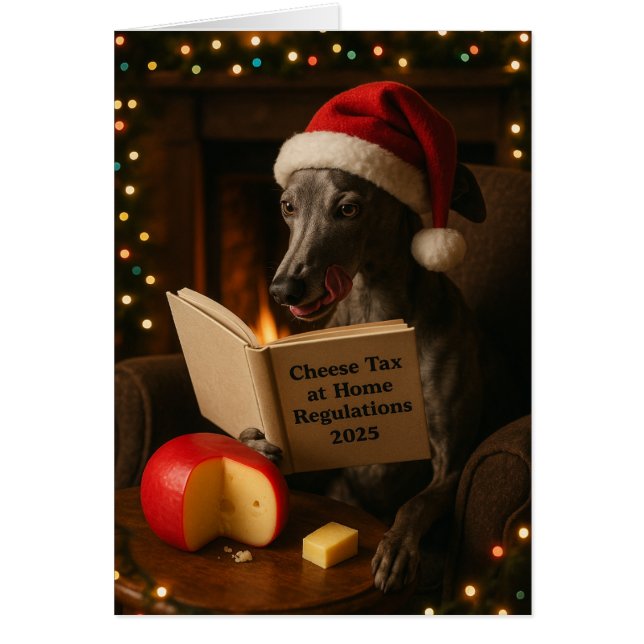 Grey Whippet 'Cheese Tax' Christmas greetings card (Front)