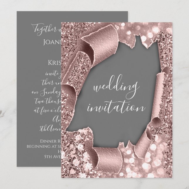 Grey White 3D Rose Gold Wedding Glitter  Invitation (Front/Back)