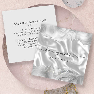 Grey White Agate Silver Glitter Luxury Square Business Card