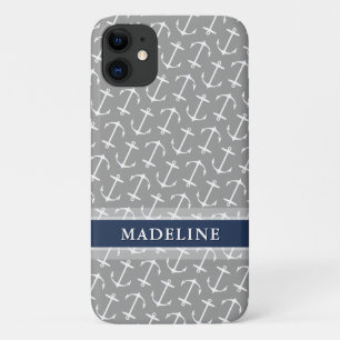 Grey White Anchor Pattern Navy Name iPhone 11 Case