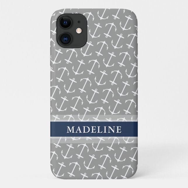 Grey White Anchor Pattern Navy Name Case-Mate iPhone Case (Back)