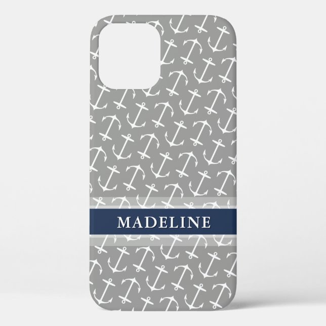 Grey White Anchor Pattern Navy Name Case-Mate iPhone Case (Back)