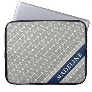 Grey White Anchor Pattern Navy Name Laptop Sleeve