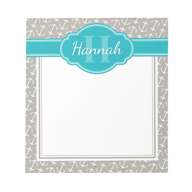 Grey White Anchor Pattern Teal Monogram Notepad (Front)