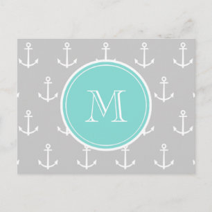 Grey White Anchors Pattern, Mint Monogram Postcard