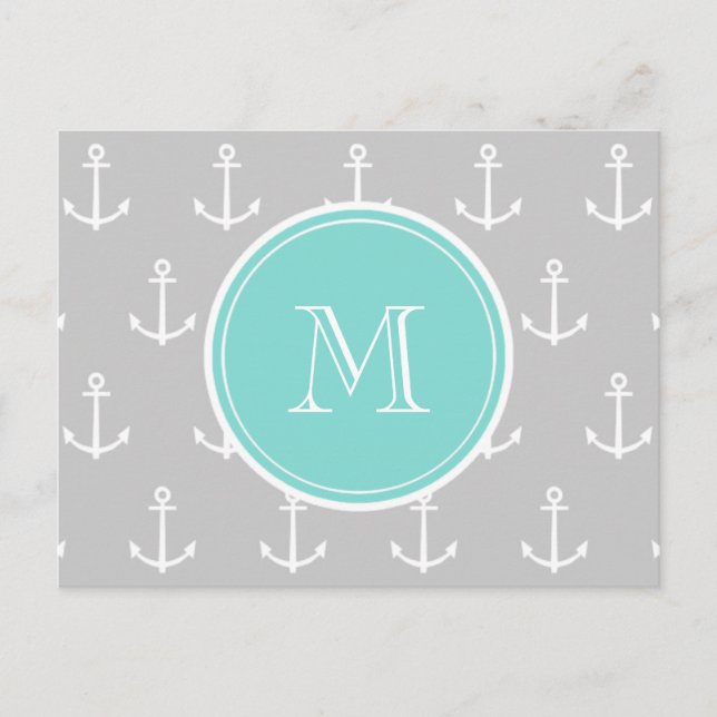 Grey White Anchors Pattern, Mint Monogram Postcard (Front)