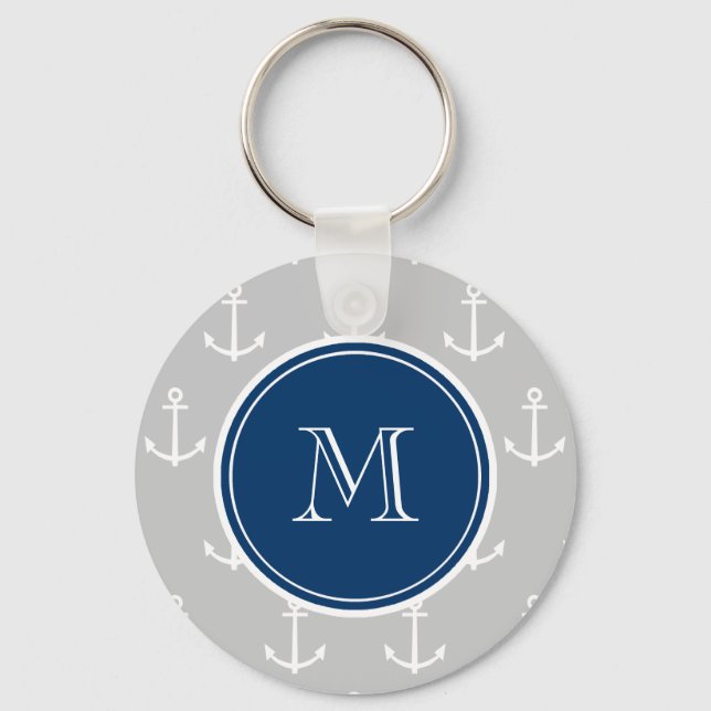Grey White Anchors Pattern, Navy Blue Monogram Key Ring (Front)