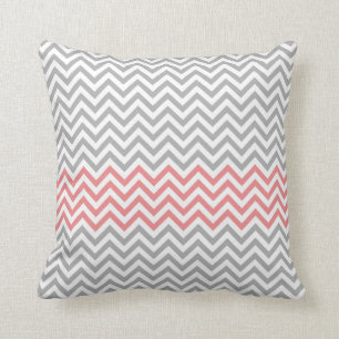 Grey, White and Coral Chevron Cushion