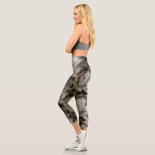 Grey, White and Gold  Marble Abstract Capri Leggings