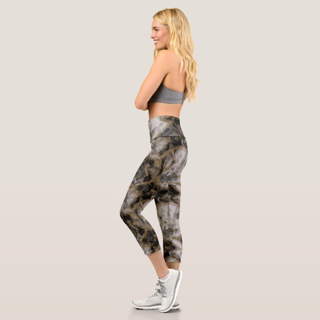 Grey, White and Gold  Marble Abstract Capri Leggings (Left)
