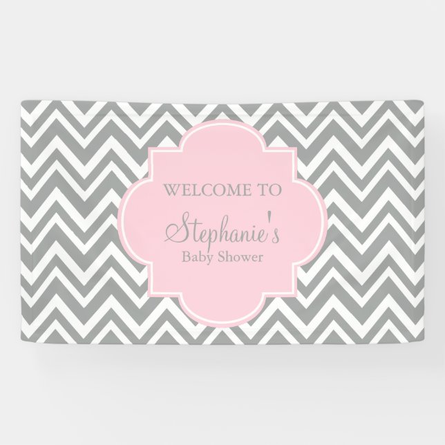 Grey, White and Pastel Pink Chevron Baby Shower Banner (Horizontal)