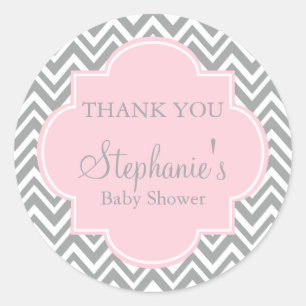 Grey, White and Pastel Pink Chevron Baby Shower Classic Round Sticker